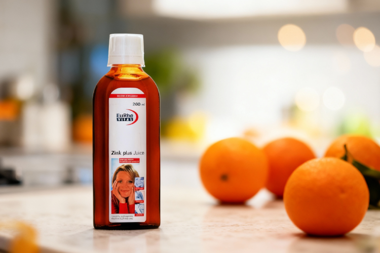 شربت زینک پلاس یوروویتال در کنار پرتقال‌ های تازه